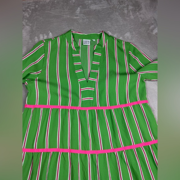 Emily Van Den Bergh Green Pink Striped Ruffle Tiered Mini Dress Size 36 (US 4) - Picture 3 of 16